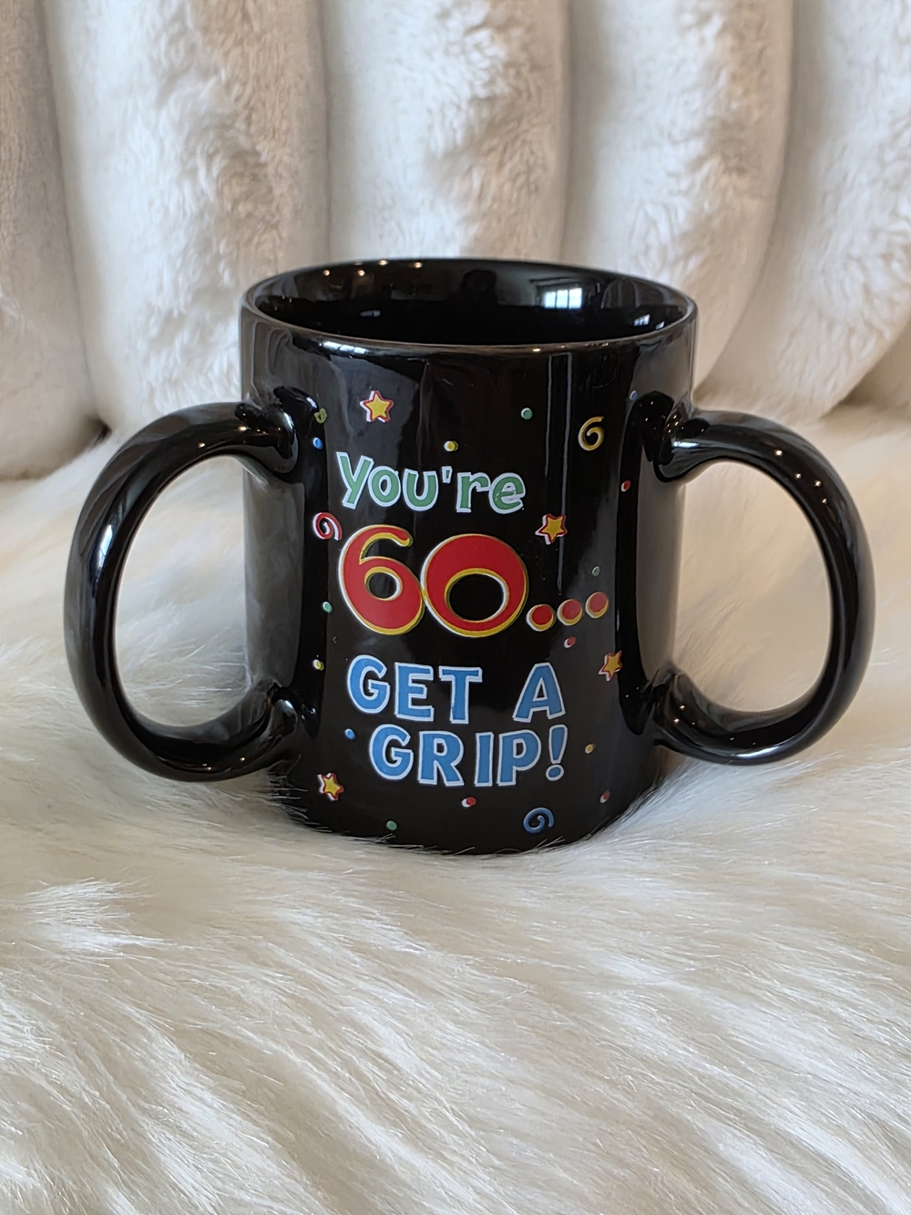 You're 60 Get A Grip! Triple-Handle Black Ceramic Mug